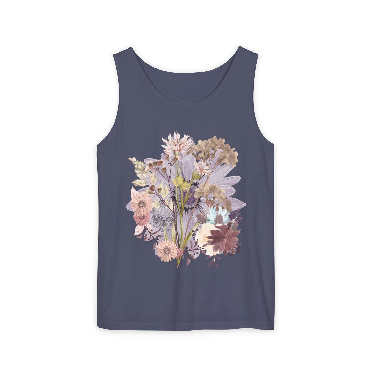 Floral Unisex Garment-Dyed Tank Top, Summer Casual Wear, Flower Print Shirt, Boho Top, Perfect for Festivals, Beach Days, and Warm Weather