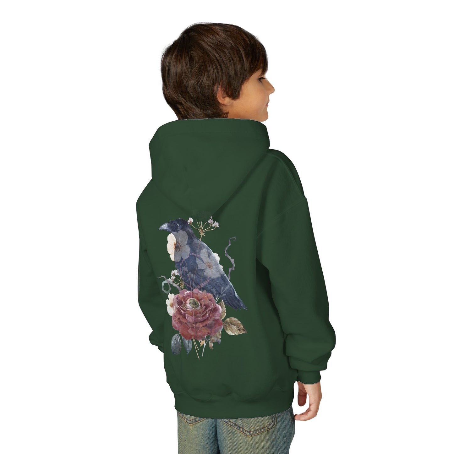 Floral Raven Youth Hoodie | Cozy Sweatshirt for Kids | Gift for Bird Lovers, Fall Fashion, Nature-Inspired Apparel