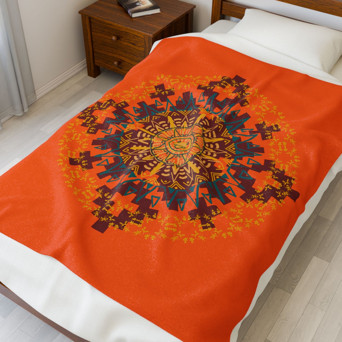 Cozy Aztec/Mayan Calendar Inspired Mandala Velveteen Plush Blanket, Warm Throw Blanket, Home Decor, Gift for Her, Meditation Accessories, Boho Home