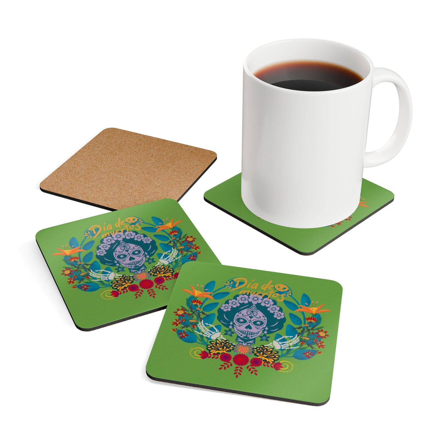 Dia de los Muertos - green Corkwood Coaster Set