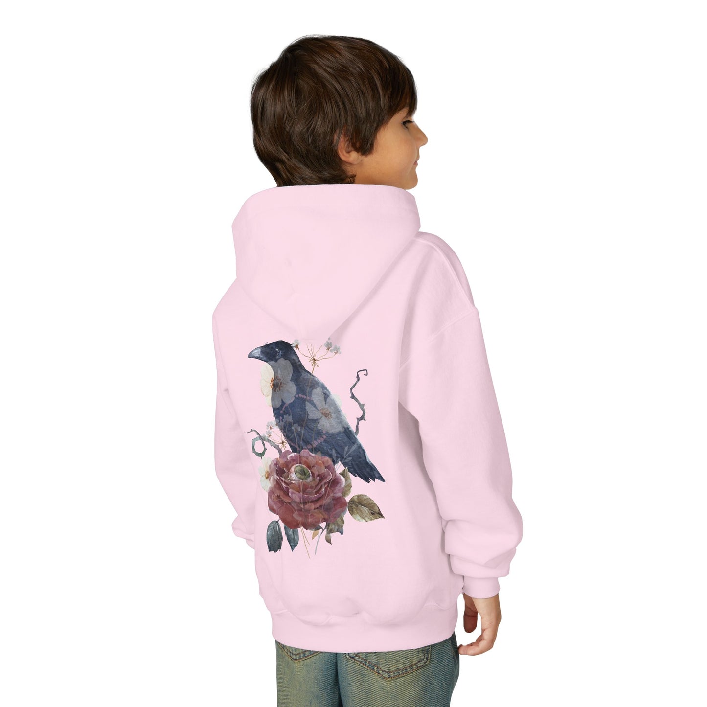 Floral Raven Youth Hoodie | Cozy Sweatshirt for Kids | Gift for Bird Lovers, Fall Fashion, Nature-Inspired Apparel