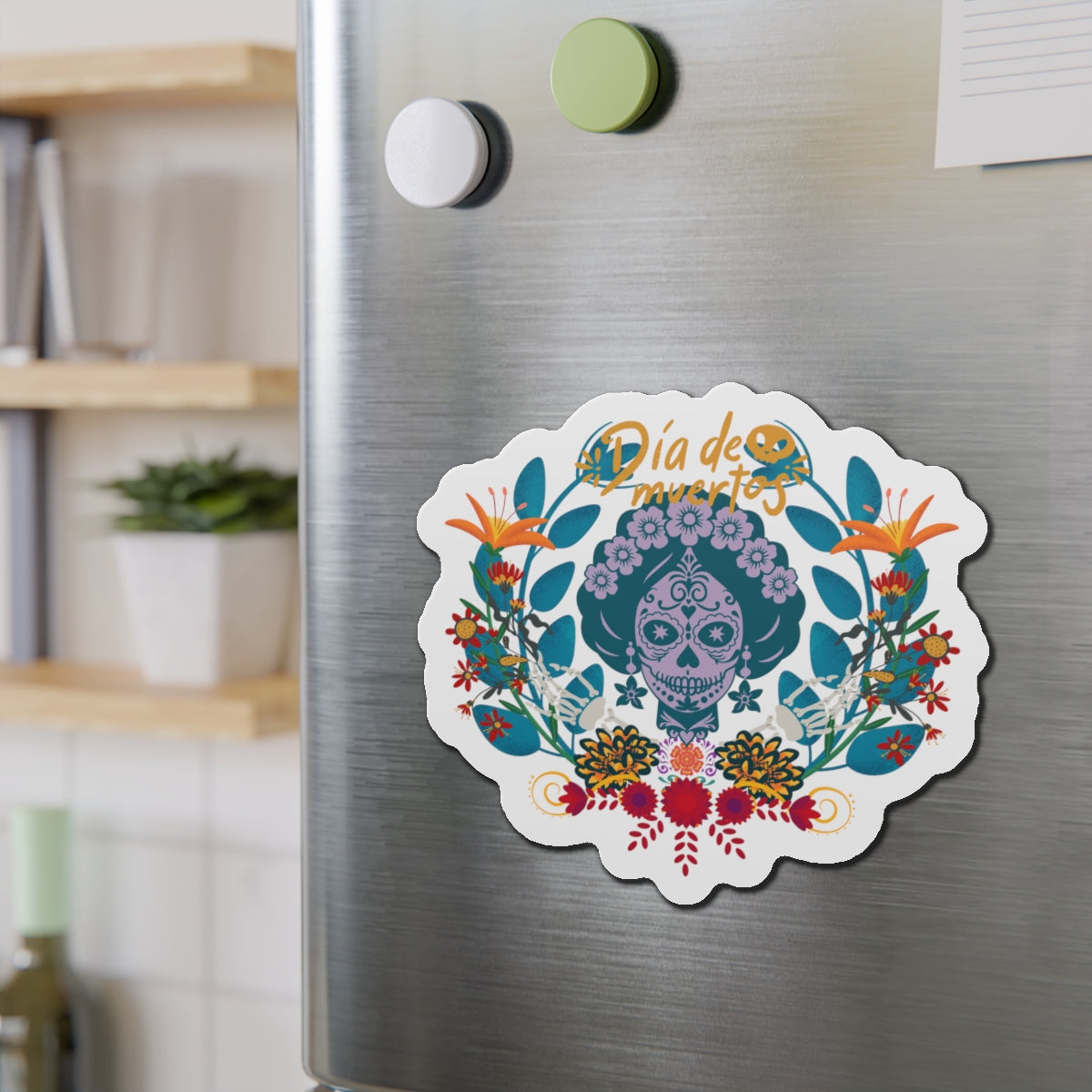 Vibrant Día de Muertos Die-Cut Magnet, Colorful Fridge Decor, Holiday Gift, Celebration Keepsake, Artistic Home Accent