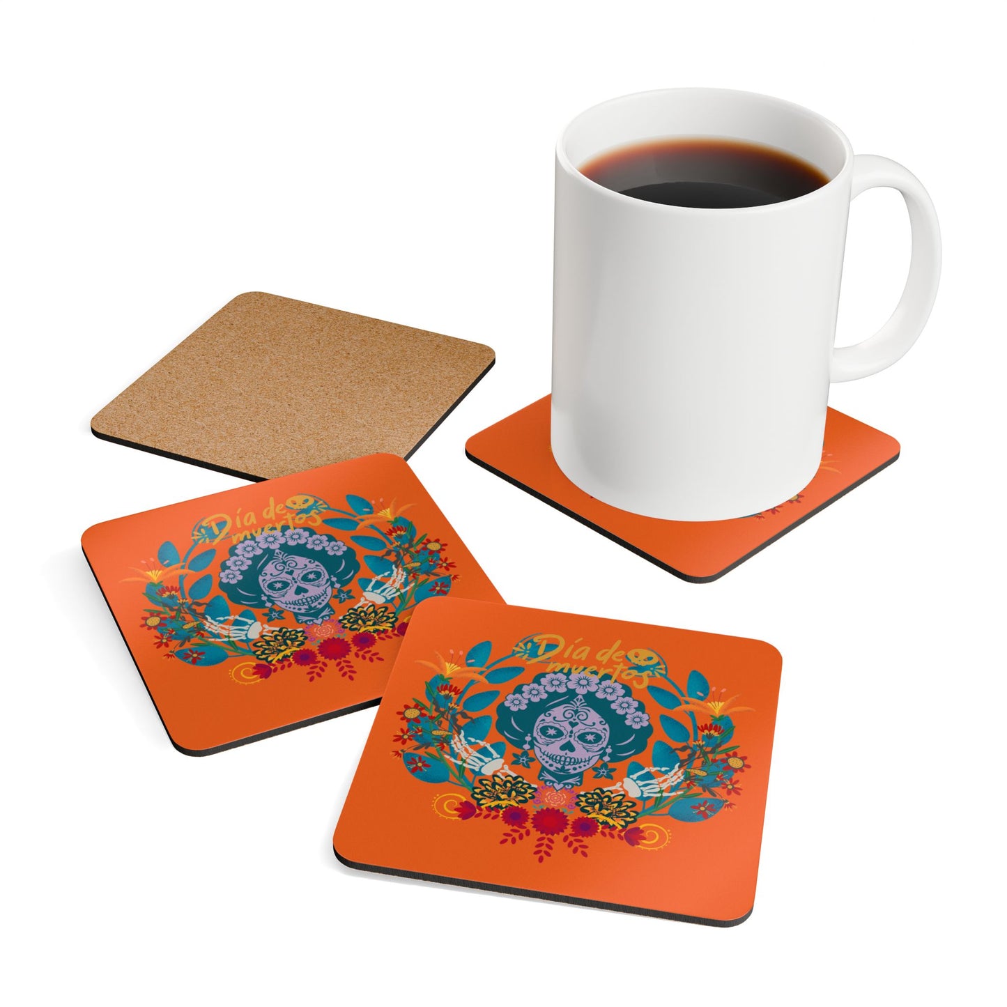 Dia de los Muertos - orange Corkwood Coaster Set