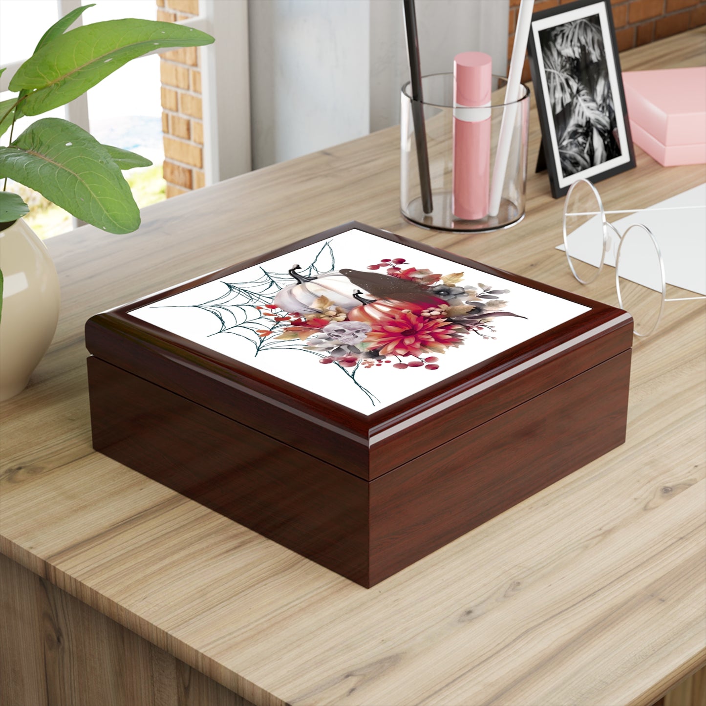 Spooky Autumn Jewelry Box with Floral Design, Halloween Gift, Decorative Storage, Trick or Treat Decor, Fall Decor Box