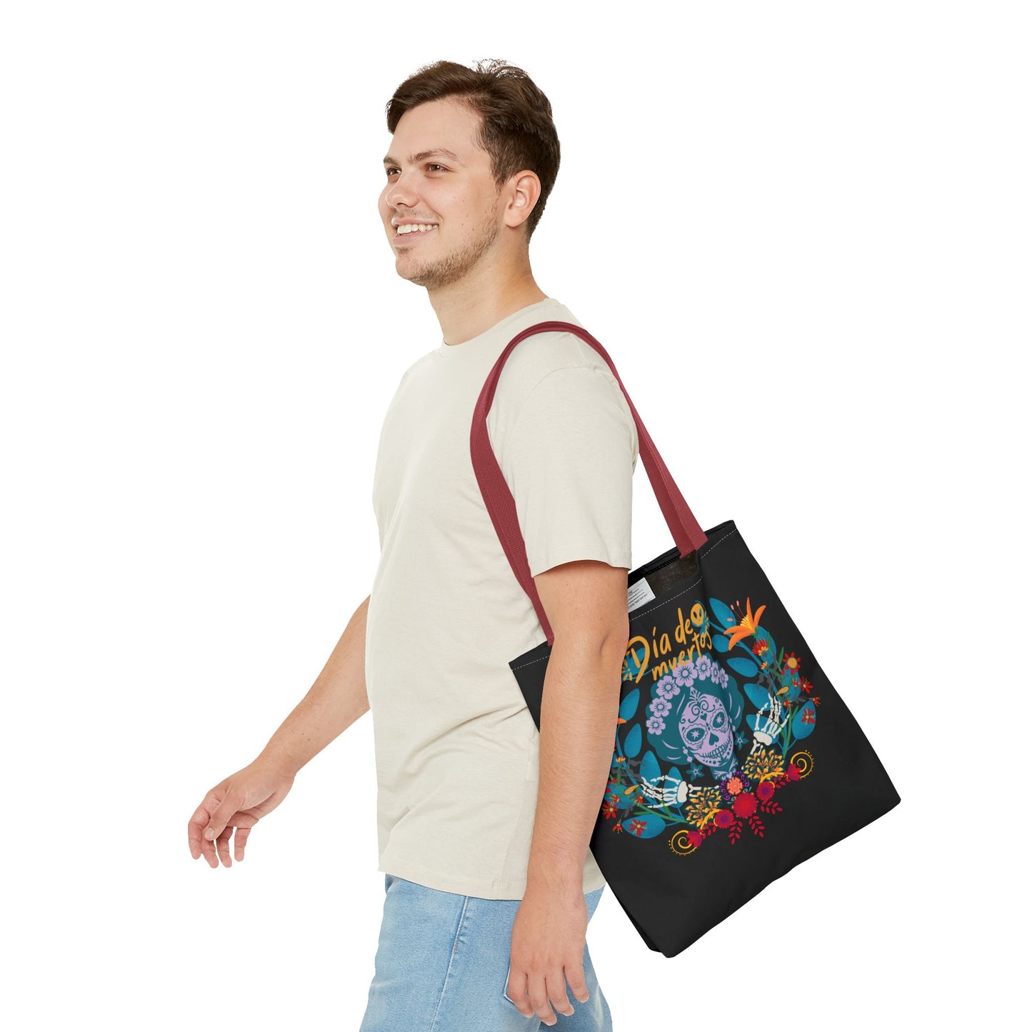 Dia de Muertos Tote Bag, Halloween Gift, Floral Skull Bag, AOP Grocery Tote, Eco-Friendly Shopper