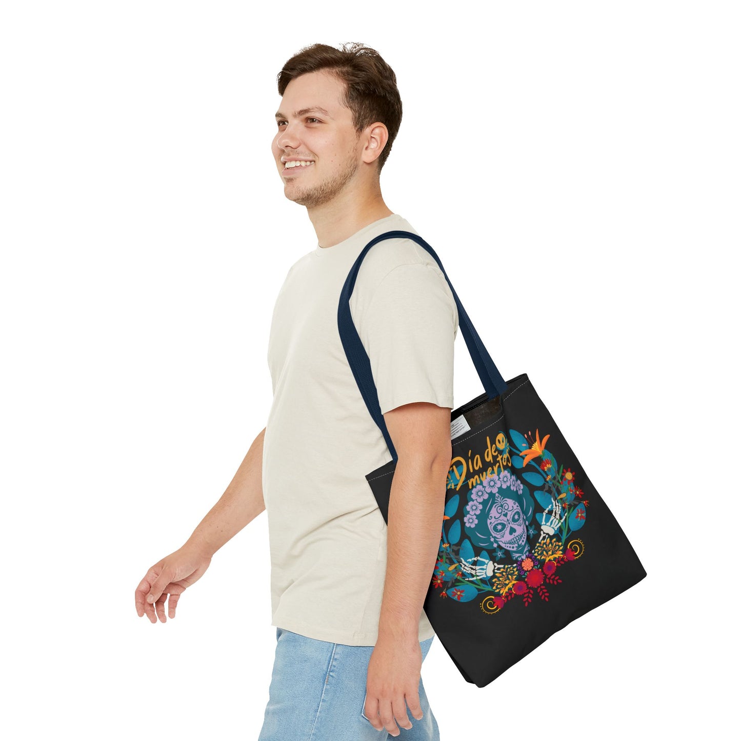 Dia de Muertos Tote Bag, Halloween Gift, Floral Skull Bag, AOP Grocery Tote, Eco-Friendly Shopper