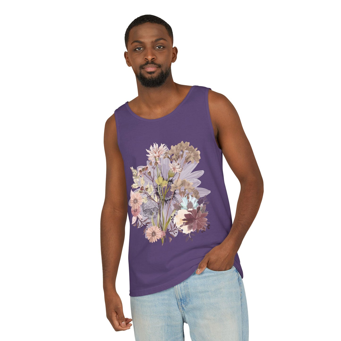 Floral Unisex Garment-Dyed Tank Top, Summer Casual Wear, Flower Print Shirt, Boho Top, Perfect for Festivals, Beach Days, and Warm Weather