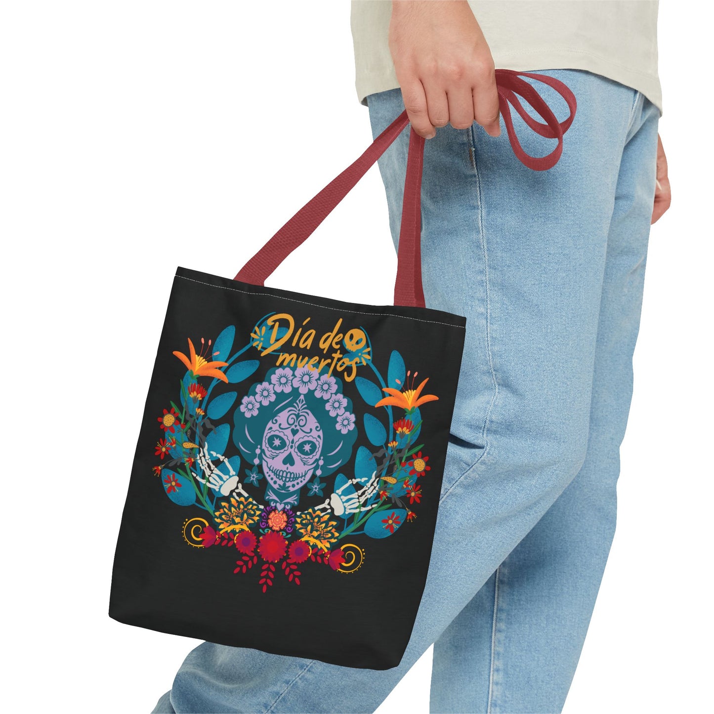 Dia de Muertos Tote Bag, Halloween Gift, Floral Skull Bag, AOP Grocery Tote, Eco-Friendly Shopper