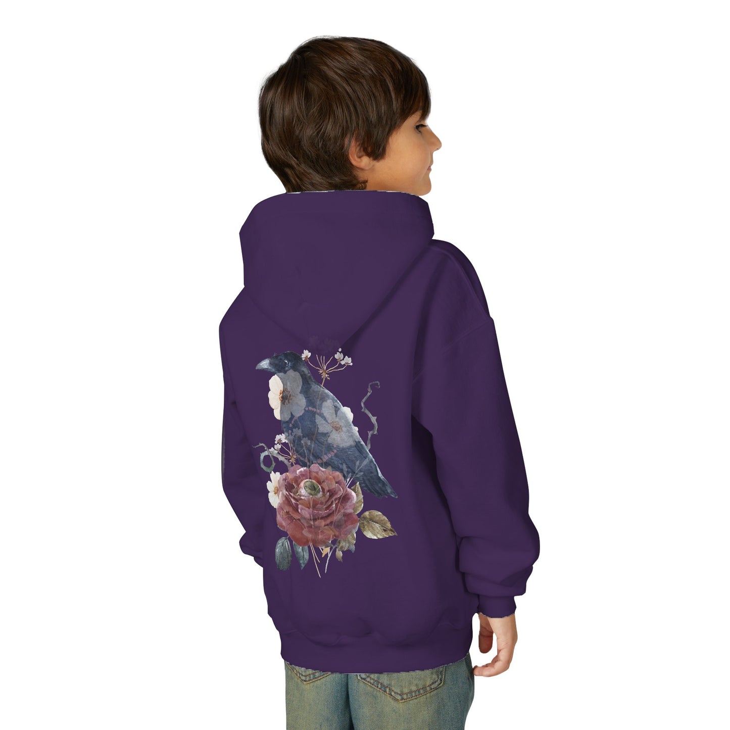Floral Raven Youth Hoodie | Cozy Sweatshirt for Kids | Gift for Bird Lovers, Fall Fashion, Nature-Inspired Apparel