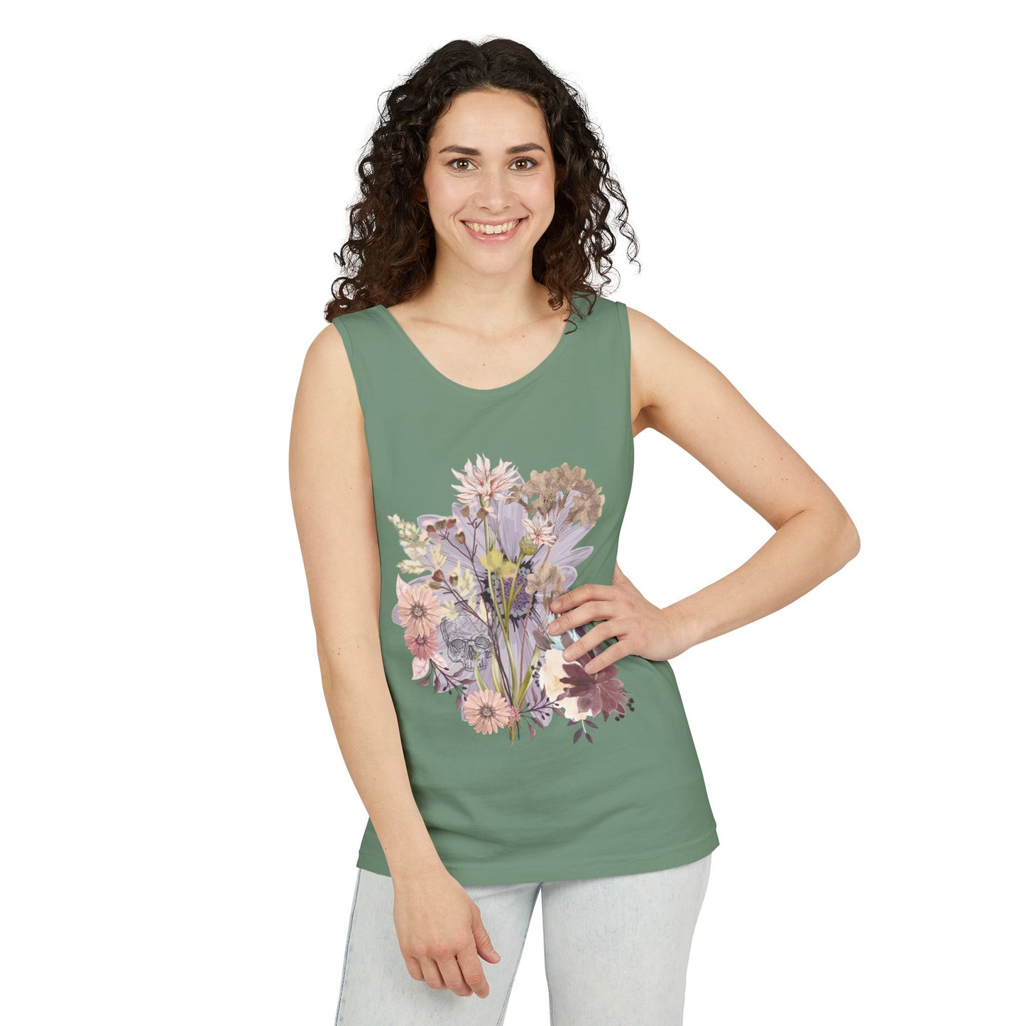 Floral Unisex Garment-Dyed Tank Top, Summer Casual Wear, Flower Print Shirt, Boho Top, Perfect for Festivals, Beach Days, and Warm Weather