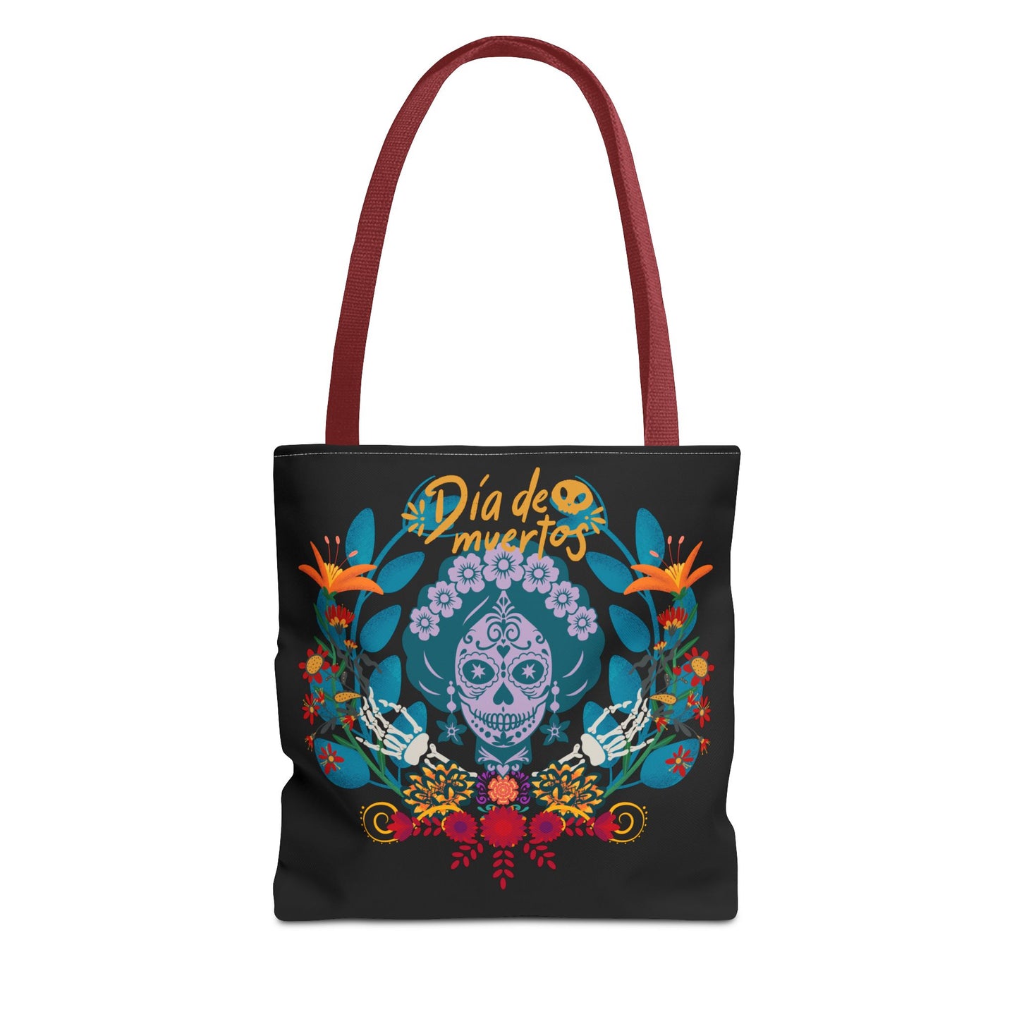 Dia de Muertos Tote Bag, Halloween Gift, Floral Skull Bag, AOP Grocery Tote, Eco-Friendly Shopper