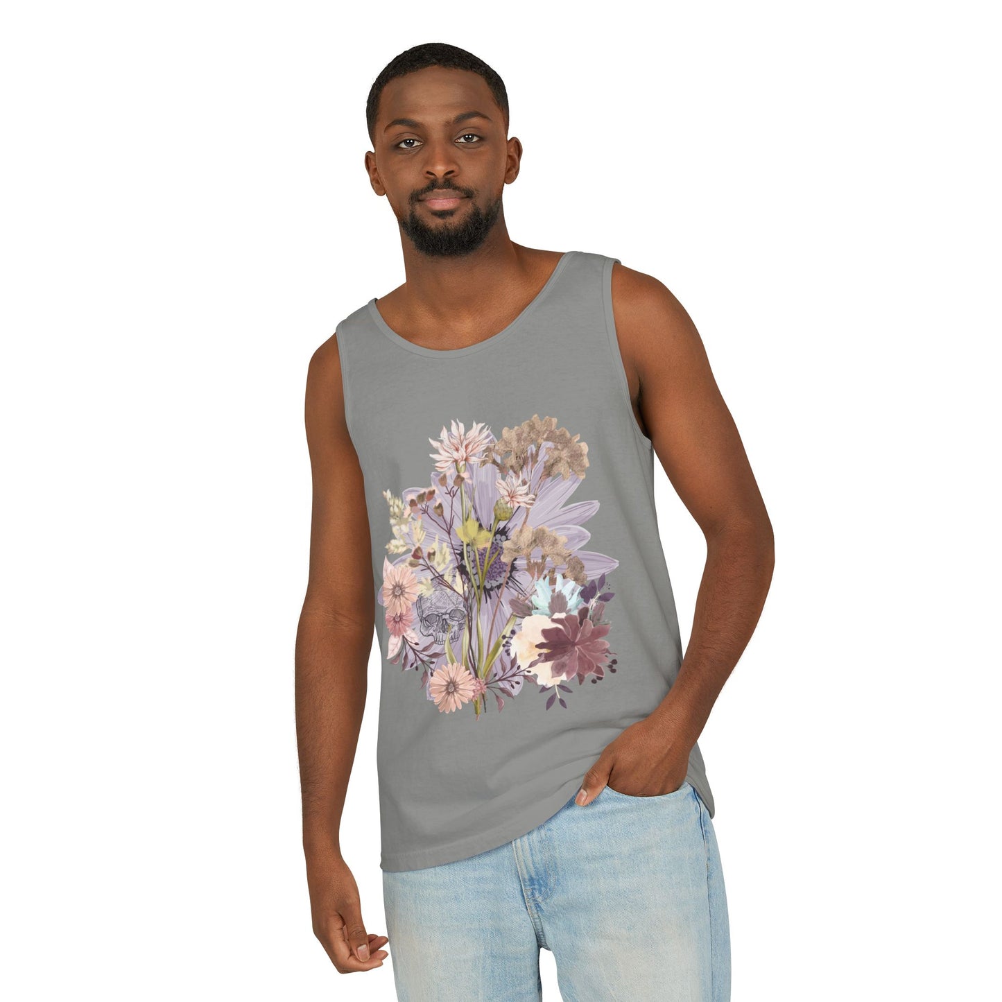 Floral Unisex Garment-Dyed Tank Top, Summer Casual Wear, Flower Print Shirt, Boho Top, Perfect for Festivals, Beach Days, and Warm Weather