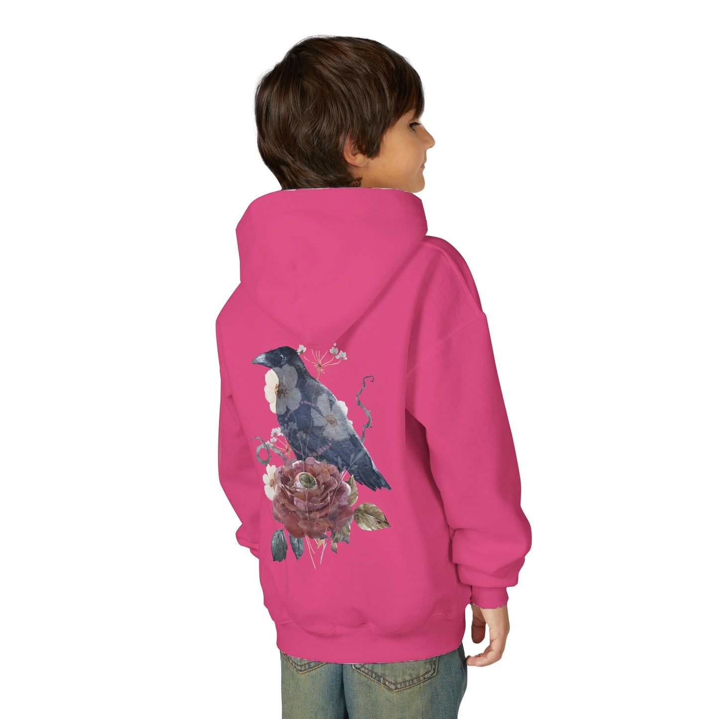 Floral Raven Youth Hoodie | Cozy Sweatshirt for Kids | Gift for Bird Lovers, Fall Fashion, Nature-Inspired Apparel