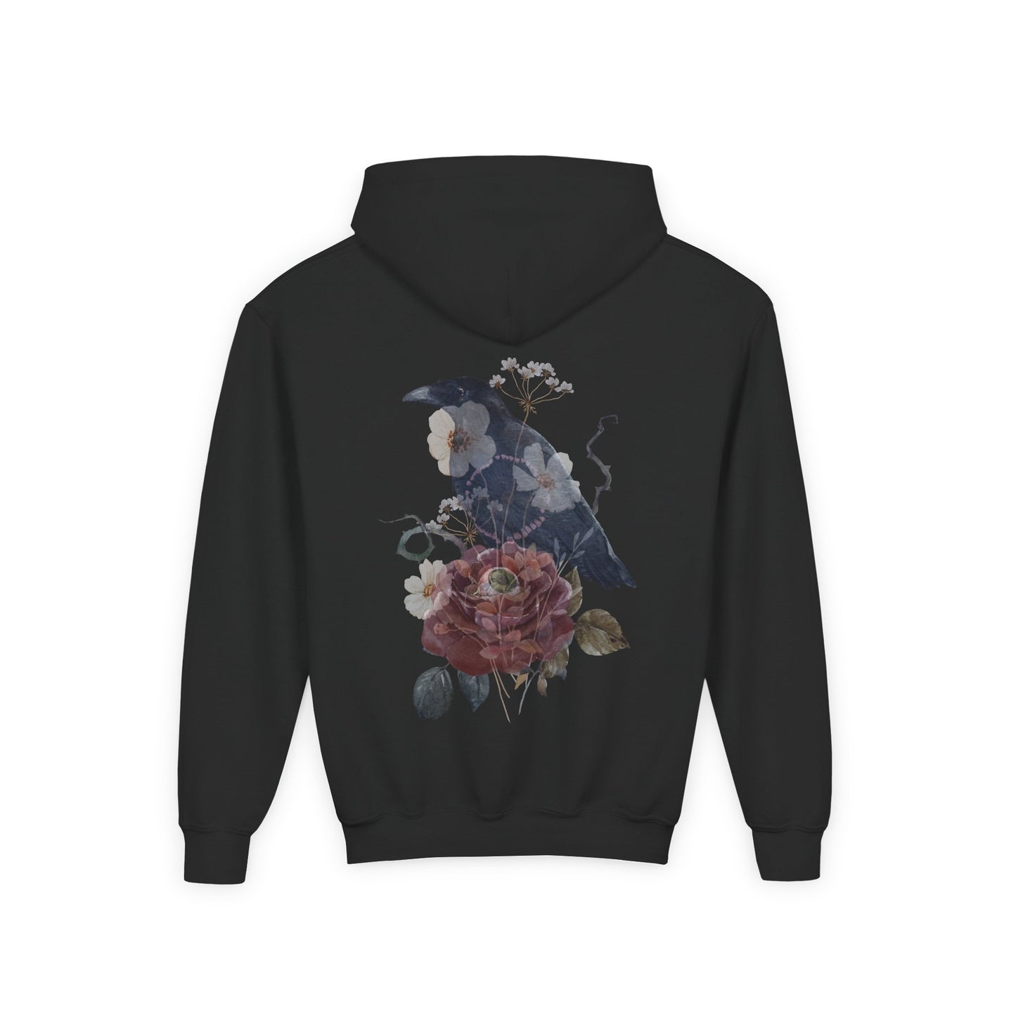 Floral Raven Youth Hoodie | Cozy Sweatshirt for Kids | Gift for Bird Lovers, Fall Fashion, Nature-Inspired Apparel