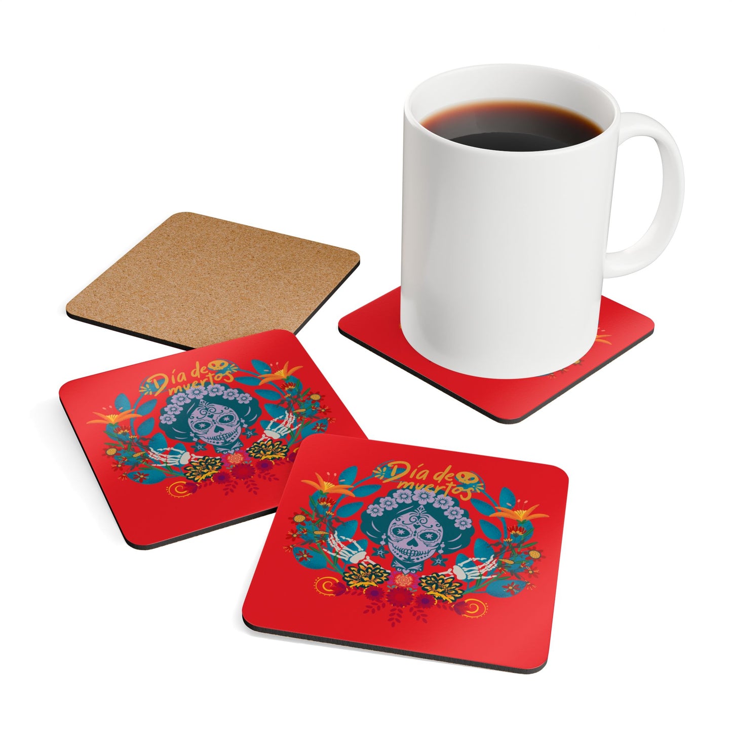 Dia de los Muertos - red Corkwood Coaster Set