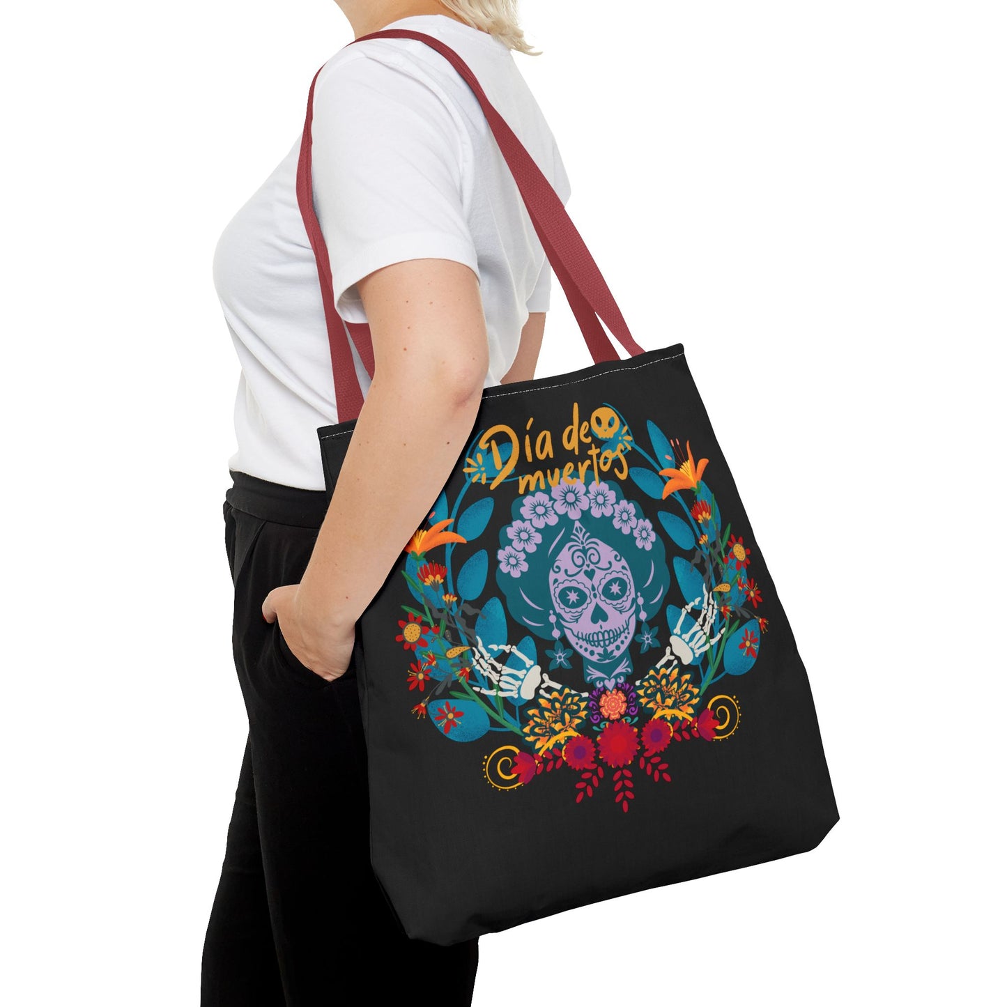Dia de Muertos Tote Bag, Halloween Gift, Floral Skull Bag, AOP Grocery Tote, Eco-Friendly Shopper