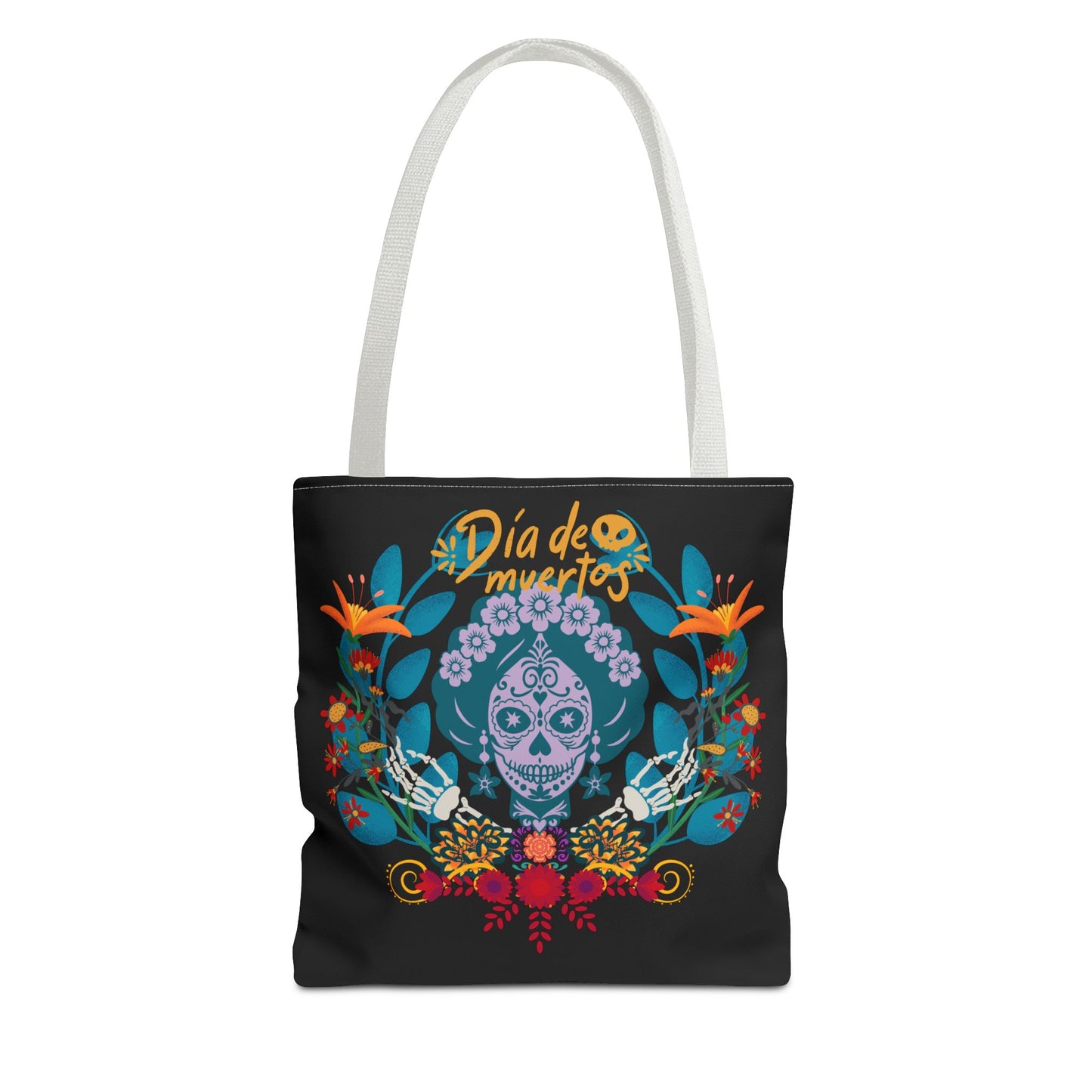 Dia de Muertos Tote Bag, Halloween Gift, Floral Skull Bag, AOP Grocery Tote, Eco-Friendly Shopper
