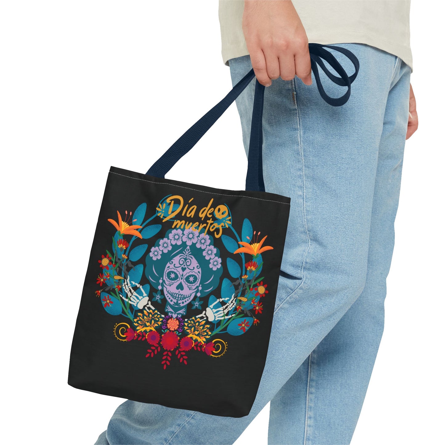 Dia de Muertos Tote Bag, Halloween Gift, Floral Skull Bag, AOP Grocery Tote, Eco-Friendly Shopper
