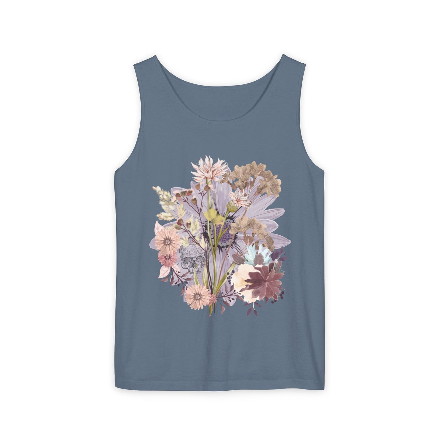 Floral Unisex Garment-Dyed Tank Top, Summer Casual Wear, Flower Print Shirt, Boho Top, Perfect for Festivals, Beach Days, and Warm Weather