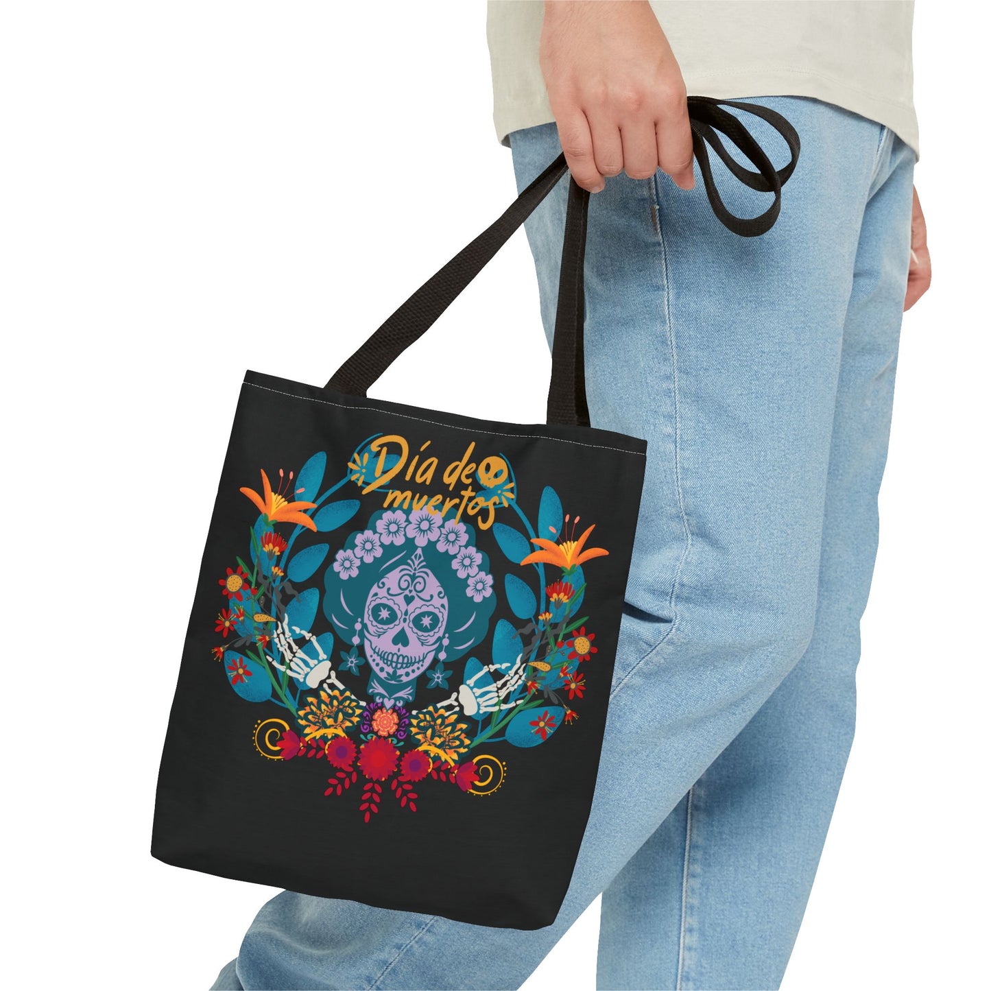 Dia de Muertos Tote Bag, Halloween Gift, Floral Skull Bag, AOP Grocery Tote, Eco-Friendly Shopper