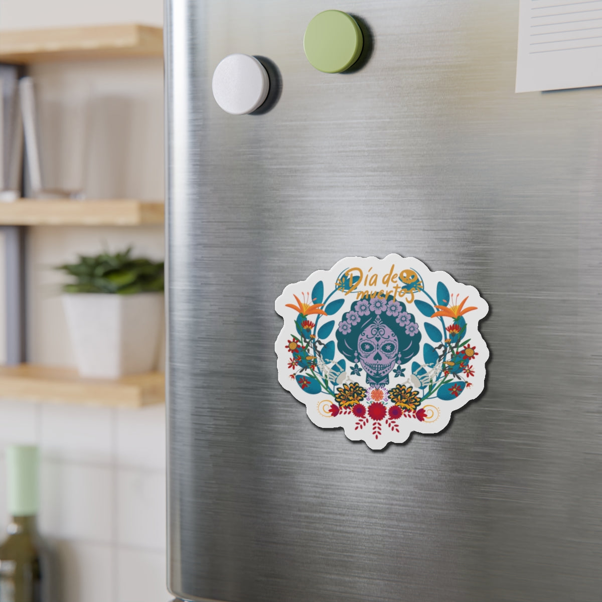 Vibrant Día de Muertos Die-Cut Magnet, Colorful Fridge Decor, Holiday Gift, Celebration Keepsake, Artistic Home Accent