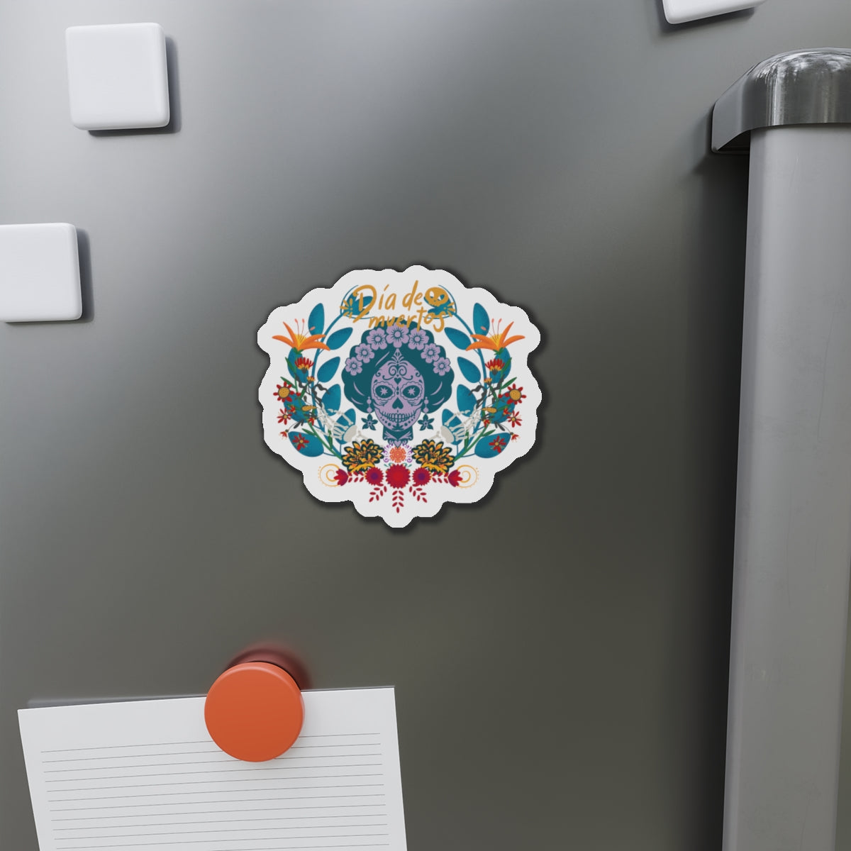 Vibrant Día de Muertos Die-Cut Magnet, Colorful Fridge Decor, Holiday Gift, Celebration Keepsake, Artistic Home Accent