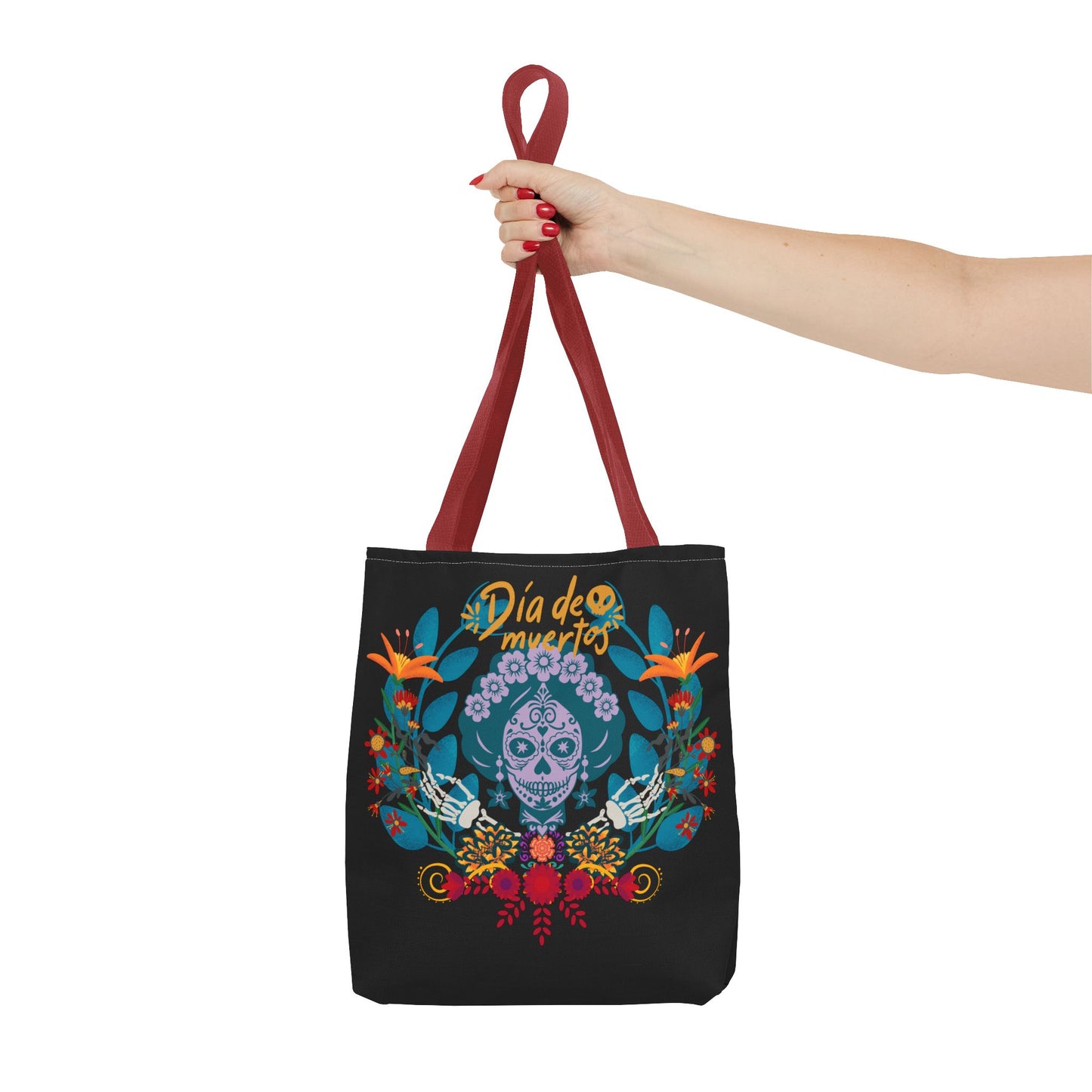 Dia de Muertos Tote Bag, Halloween Gift, Floral Skull Bag, AOP Grocery Tote, Eco-Friendly Shopper