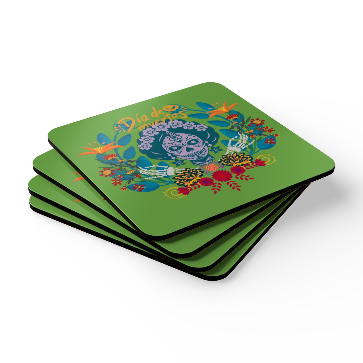 Dia de los Muertos - green Corkwood Coaster Set