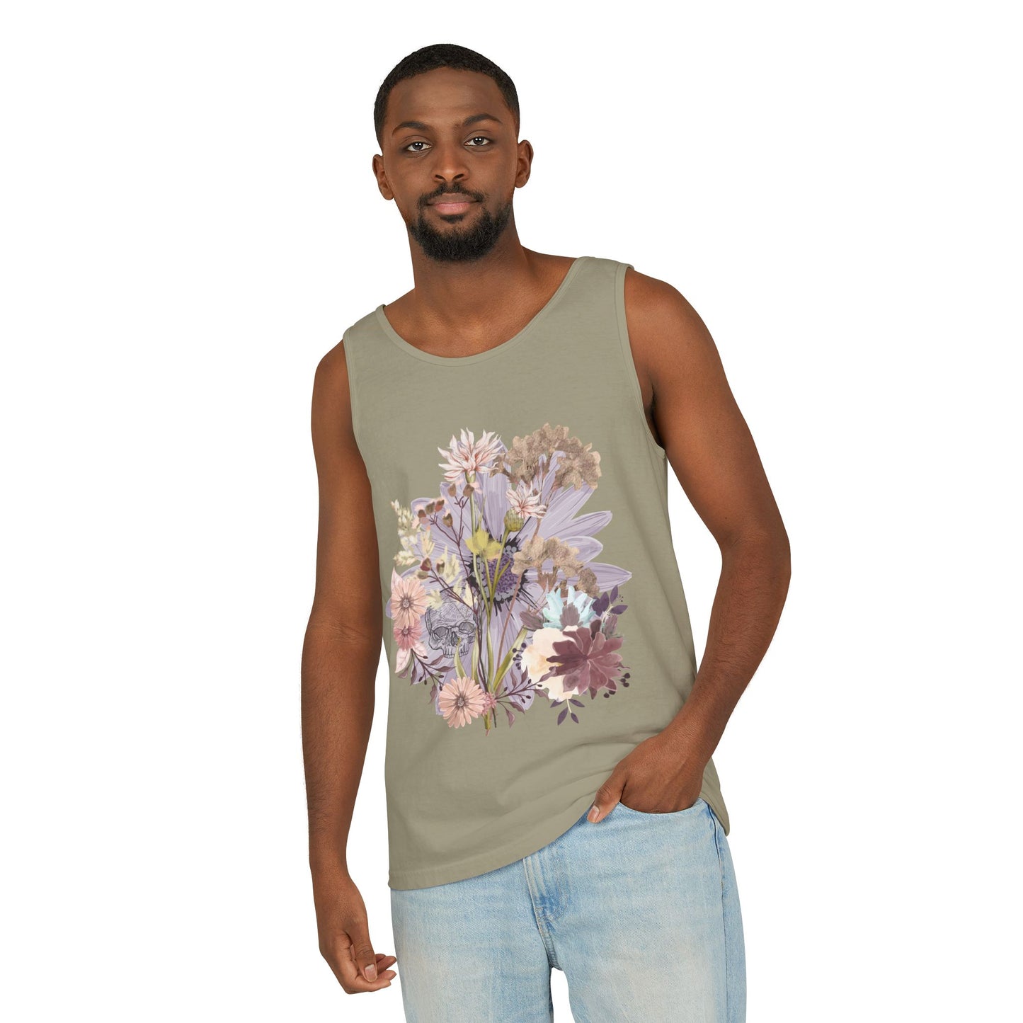 Floral Unisex Garment-Dyed Tank Top, Summer Casual Wear, Flower Print Shirt, Boho Top, Perfect for Festivals, Beach Days, and Warm Weather
