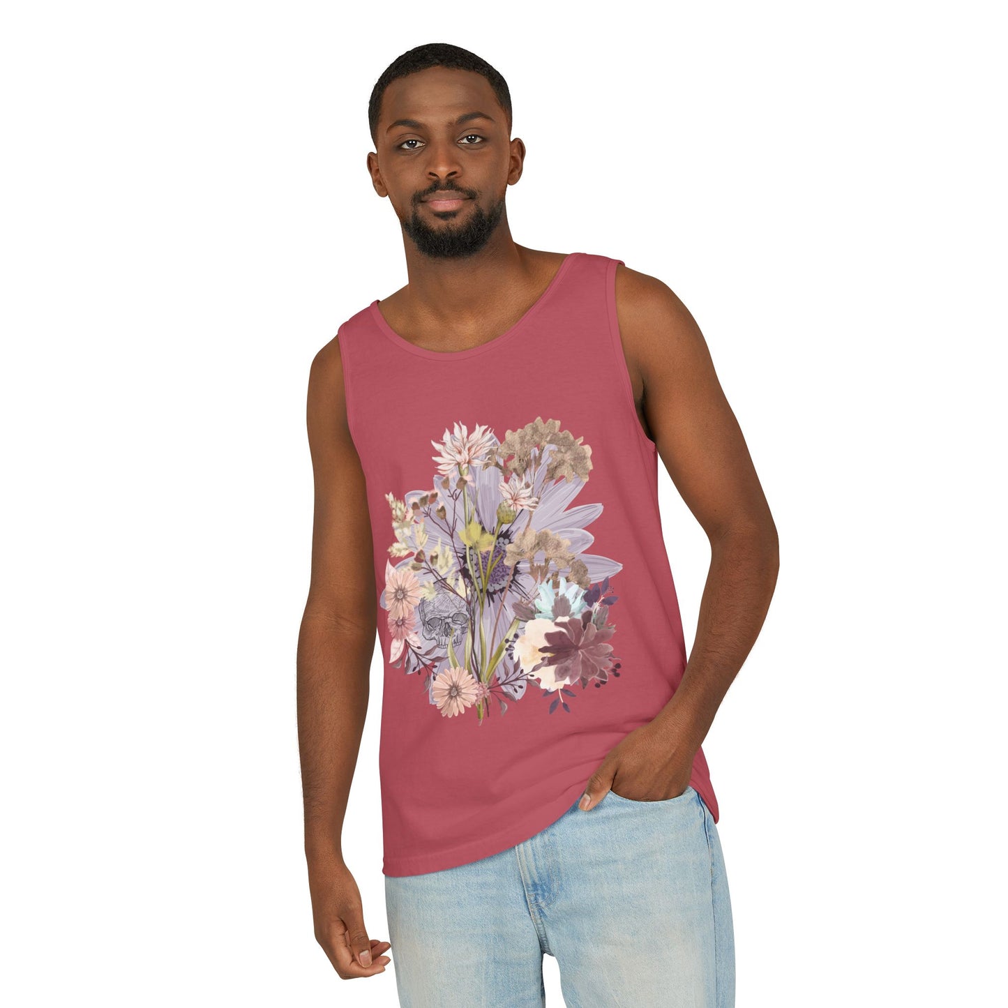 Floral Unisex Garment-Dyed Tank Top, Summer Casual Wear, Flower Print Shirt, Boho Top, Perfect for Festivals, Beach Days, and Warm Weather