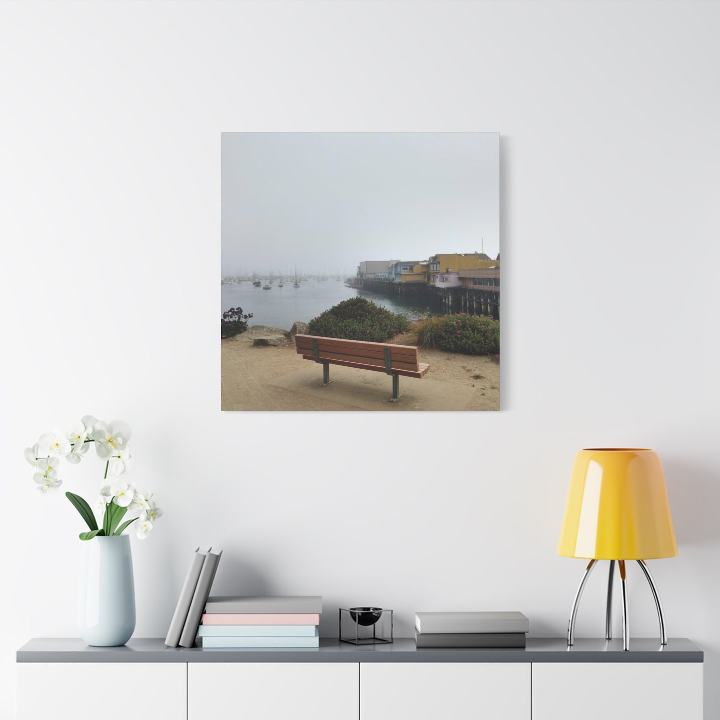 Stretched Canvas Art, Wall Decor, Coastal Landscape, Modern Home Decor, Gift for Beach Lovers, Nautical Decor, Foggy Harbor Scene