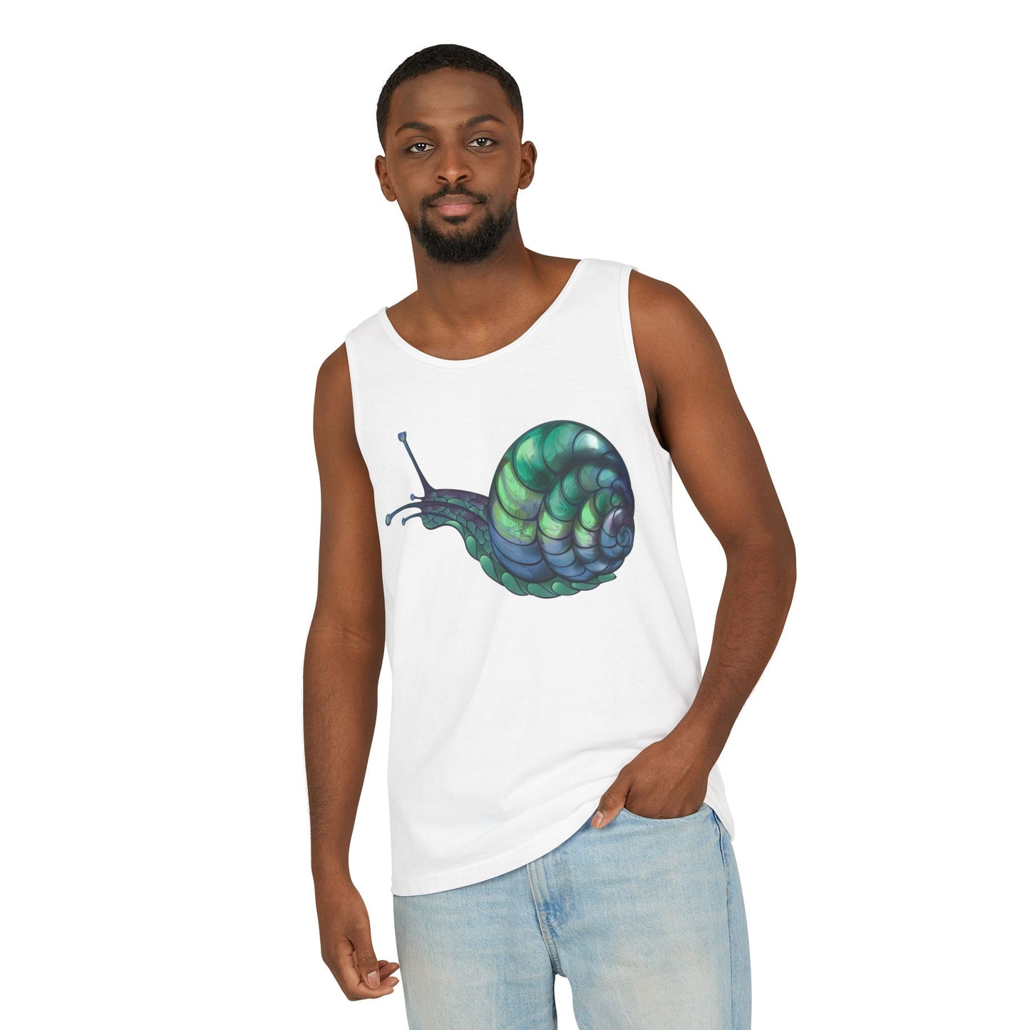 Snail Art Unisex Tank Top, Trendy Graphic Tee, Summer Fashion, Eco-Friendly Apparel, Beachwear, Gift for Nature Lovers