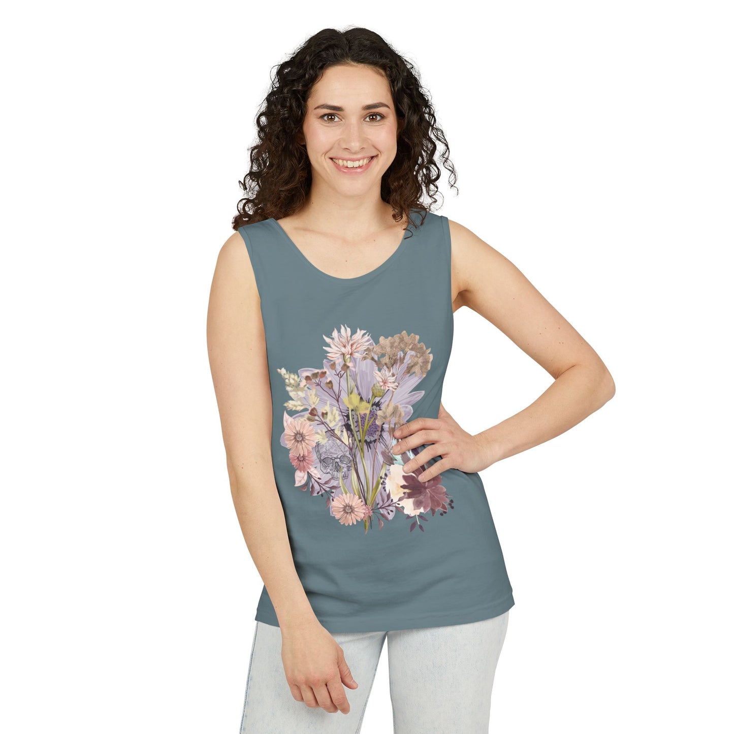 Floral Unisex Garment-Dyed Tank Top, Summer Casual Wear, Flower Print Shirt, Boho Top, Perfect for Festivals, Beach Days, and Warm Weather