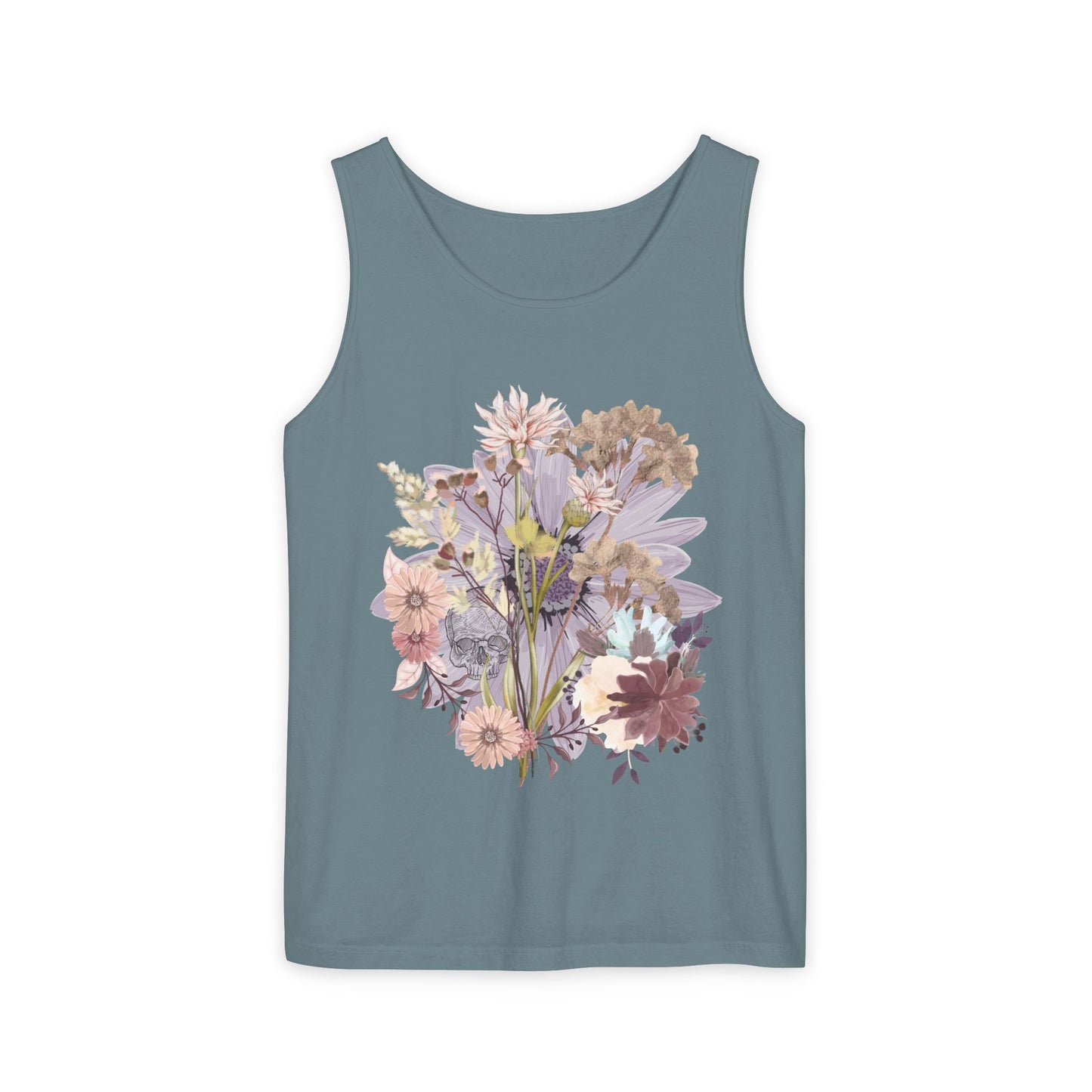 Floral Unisex Garment-Dyed Tank Top, Summer Casual Wear, Flower Print Shirt, Boho Top, Perfect for Festivals, Beach Days, and Warm Weather