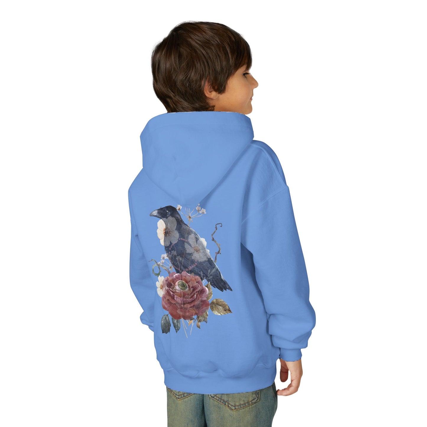 Floral Raven Youth Hoodie | Cozy Sweatshirt for Kids | Gift for Bird Lovers, Fall Fashion, Nature-Inspired Apparel