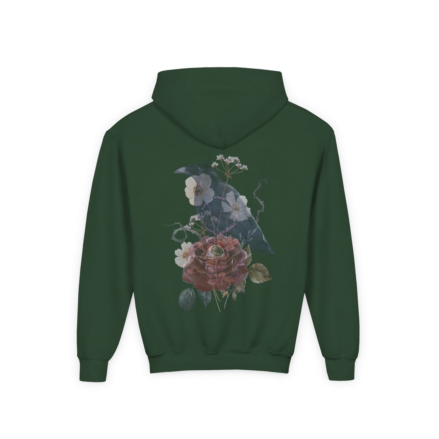 Floral Raven Youth Hoodie | Cozy Sweatshirt for Kids | Gift for Bird Lovers, Fall Fashion, Nature-Inspired Apparel