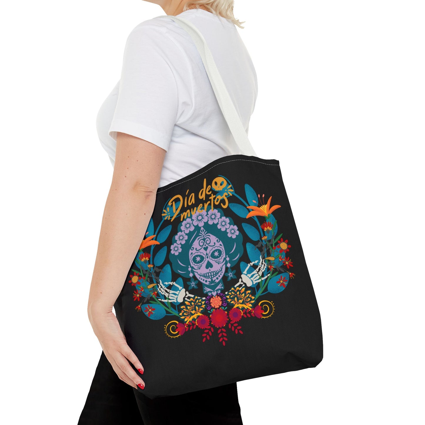 Dia de Muertos Tote Bag, Halloween Gift, Floral Skull Bag, AOP Grocery Tote, Eco-Friendly Shopper