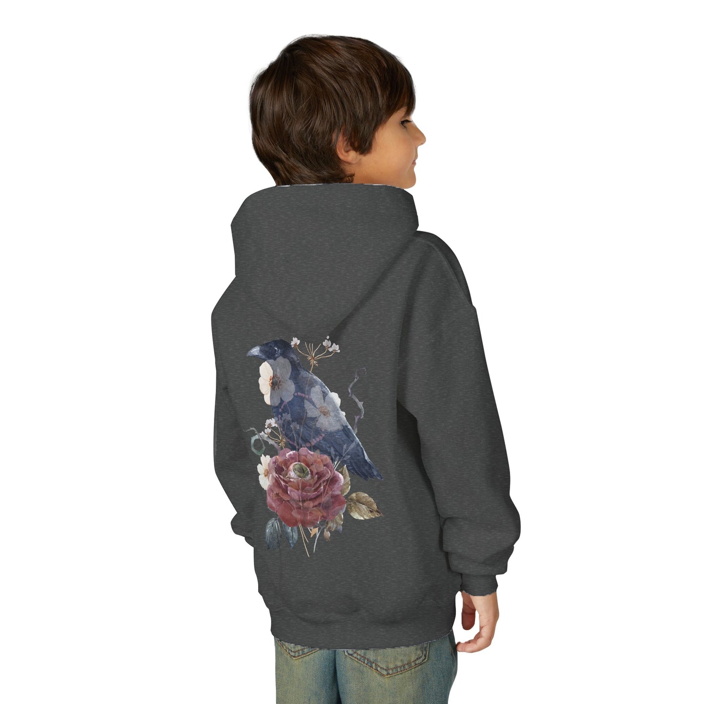 Floral Raven Youth Hoodie | Cozy Sweatshirt for Kids | Gift for Bird Lovers, Fall Fashion, Nature-Inspired Apparel