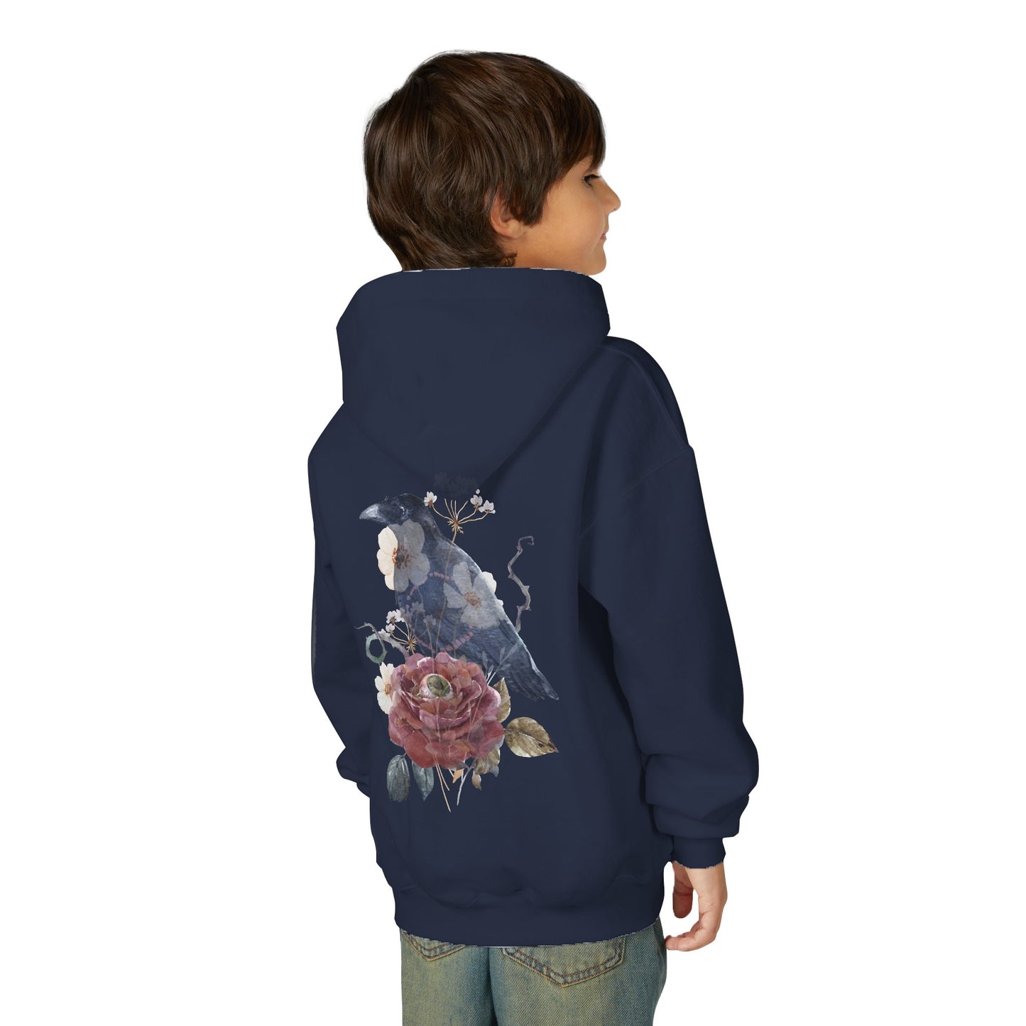 Floral Raven Youth Hoodie | Cozy Sweatshirt for Kids | Gift for Bird Lovers, Fall Fashion, Nature-Inspired Apparel