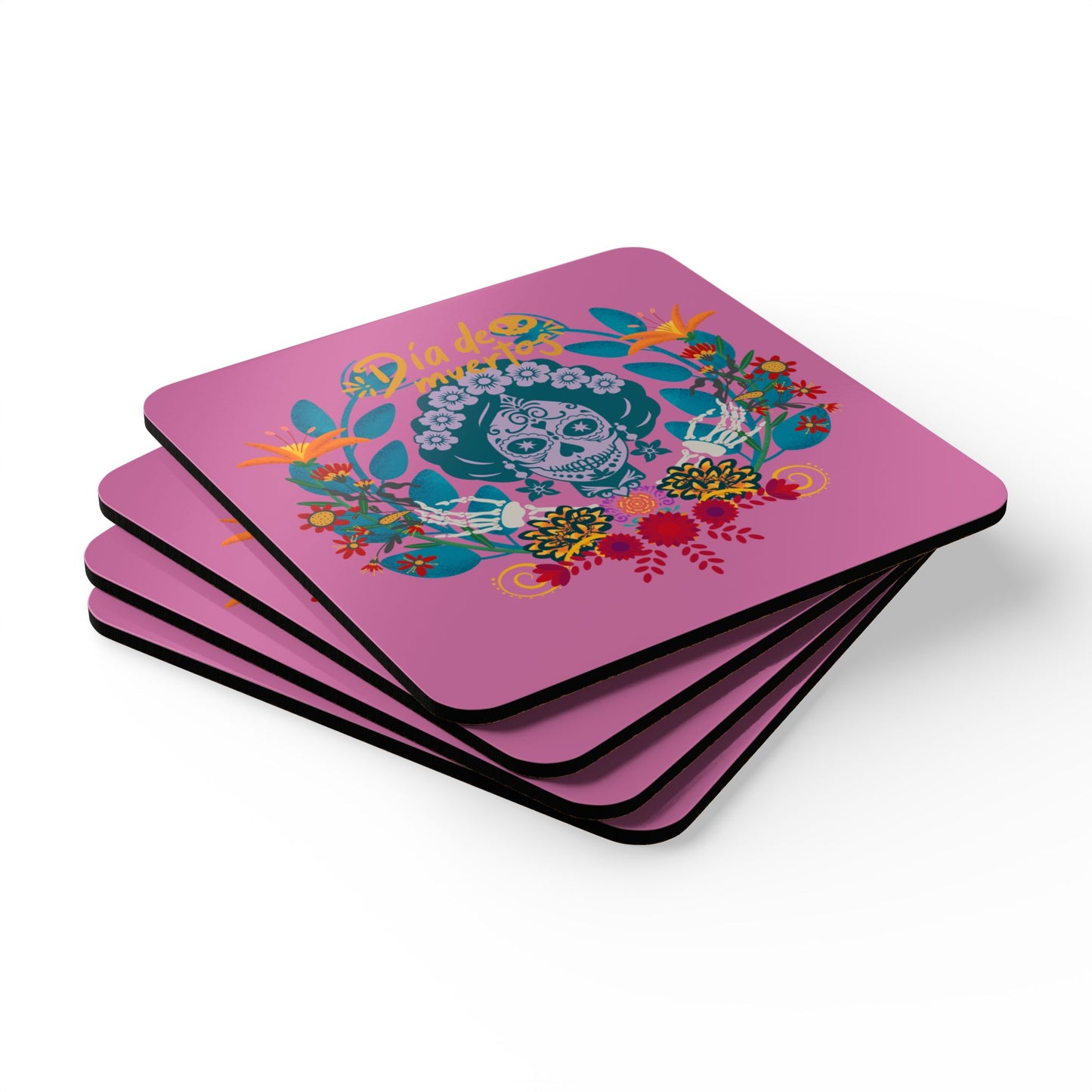 Dia de los Muertos - pink Corkwood Coaster Set