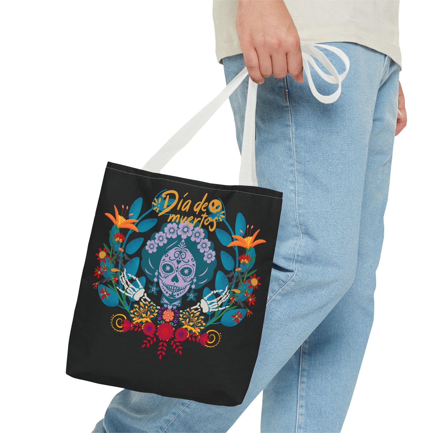 Dia de Muertos Tote Bag, Halloween Gift, Floral Skull Bag, AOP Grocery Tote, Eco-Friendly Shopper