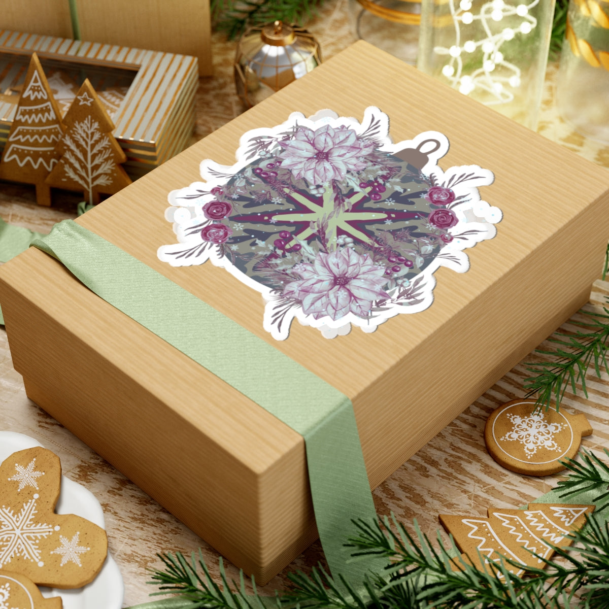 Floral Ornament Kiss-Cut Sticker — Vintage Poinsettia & Berries Laptop Decal