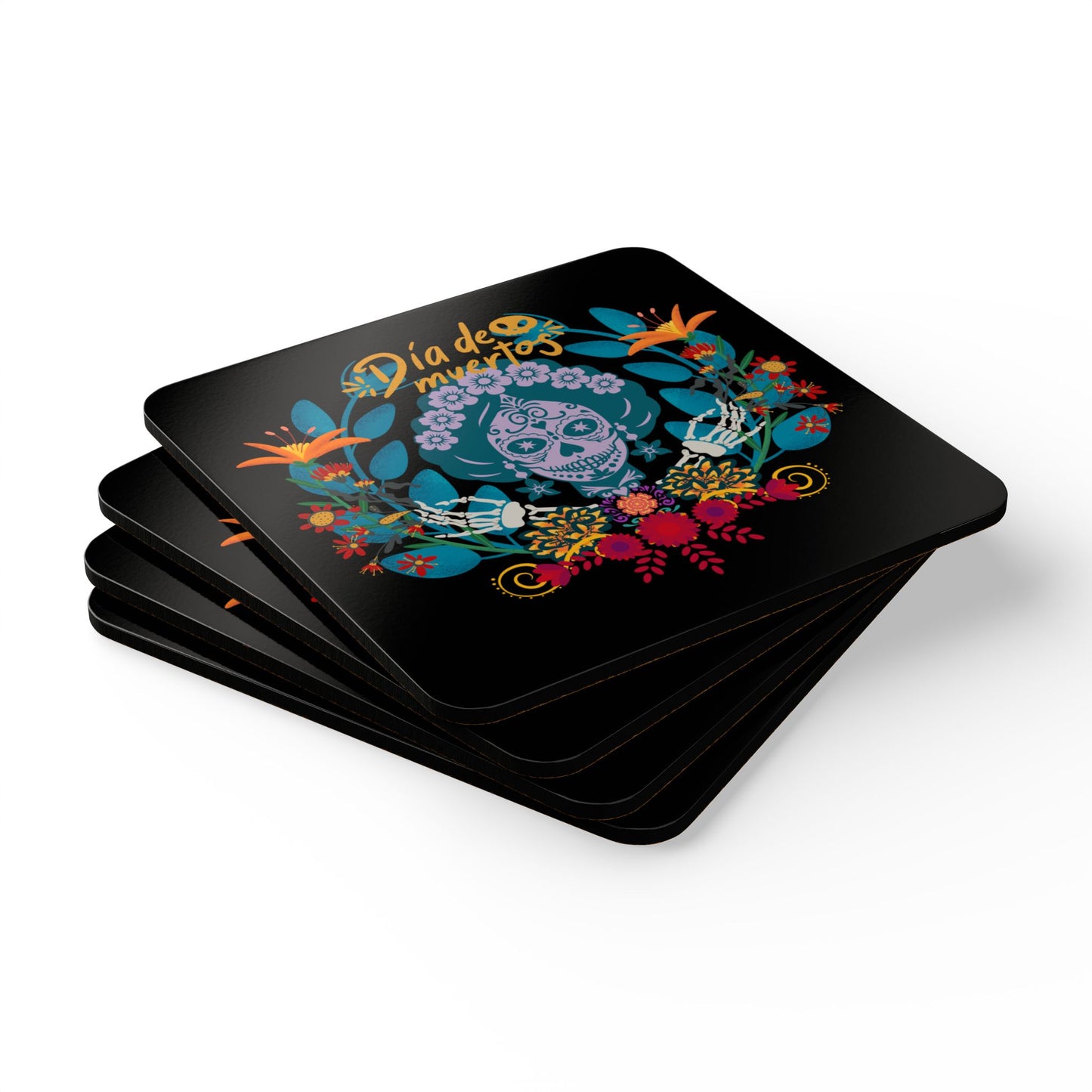 Vibrant Dia de Muertos - black Coaster Set | Colorful Corkwood Drink Coasters | Perfect for Celebrations, Gifts, Party Decor, Home Decor
