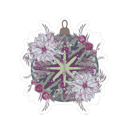 Floral Ornament Kiss-Cut Sticker — Vintage Poinsettia & Berries Laptop Decal