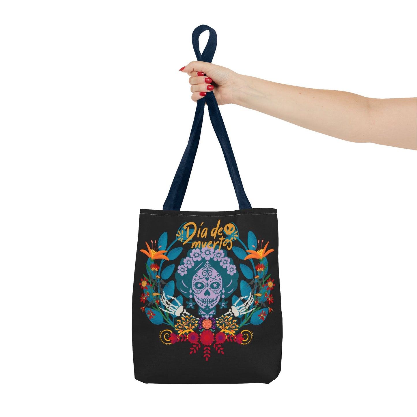 Dia de Muertos Tote Bag, Halloween Gift, Floral Skull Bag, AOP Grocery Tote, Eco-Friendly Shopper