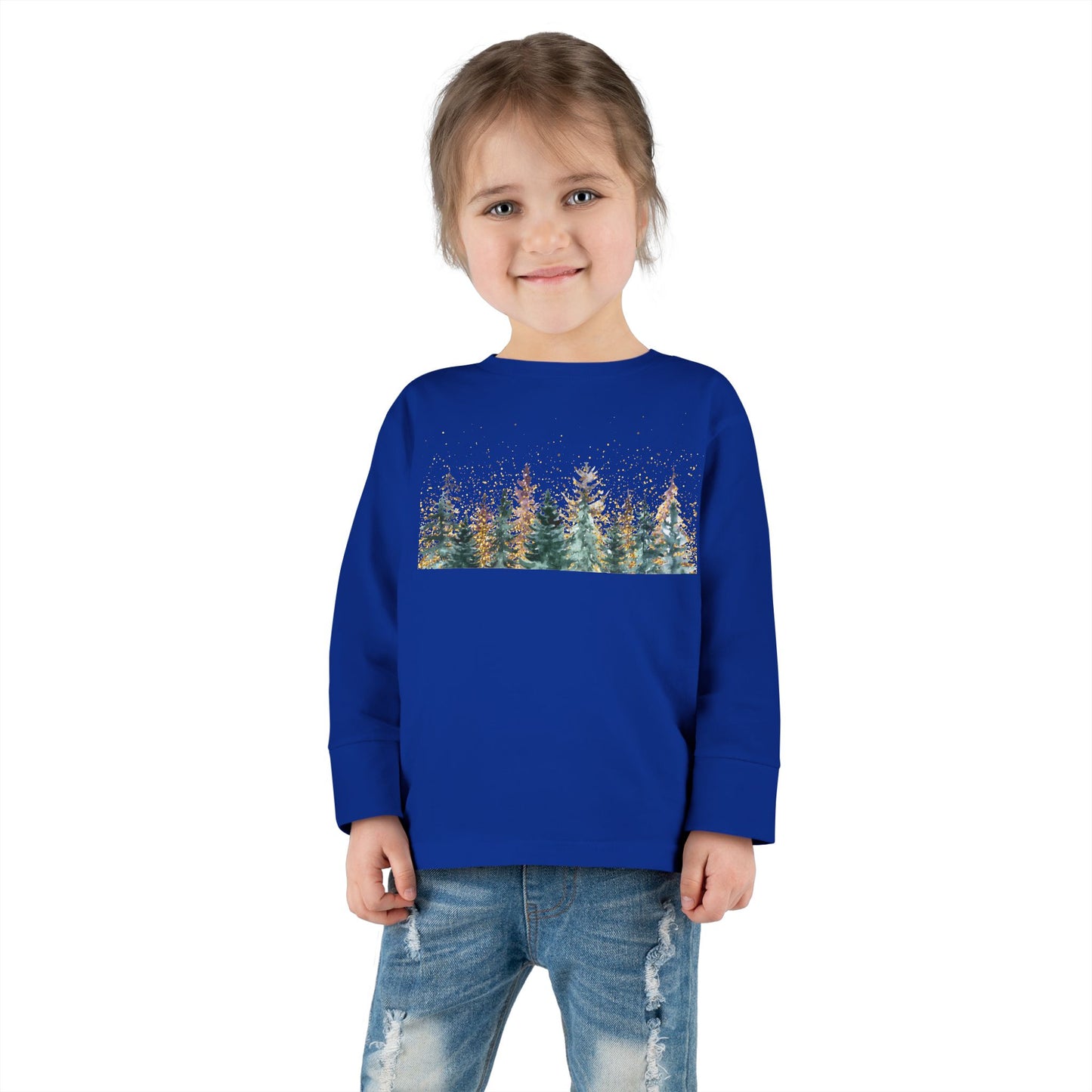 Toddler Long Sleeve Tee — Watercolor Pine Forest Kids Shirt (Woodland Nature Design)