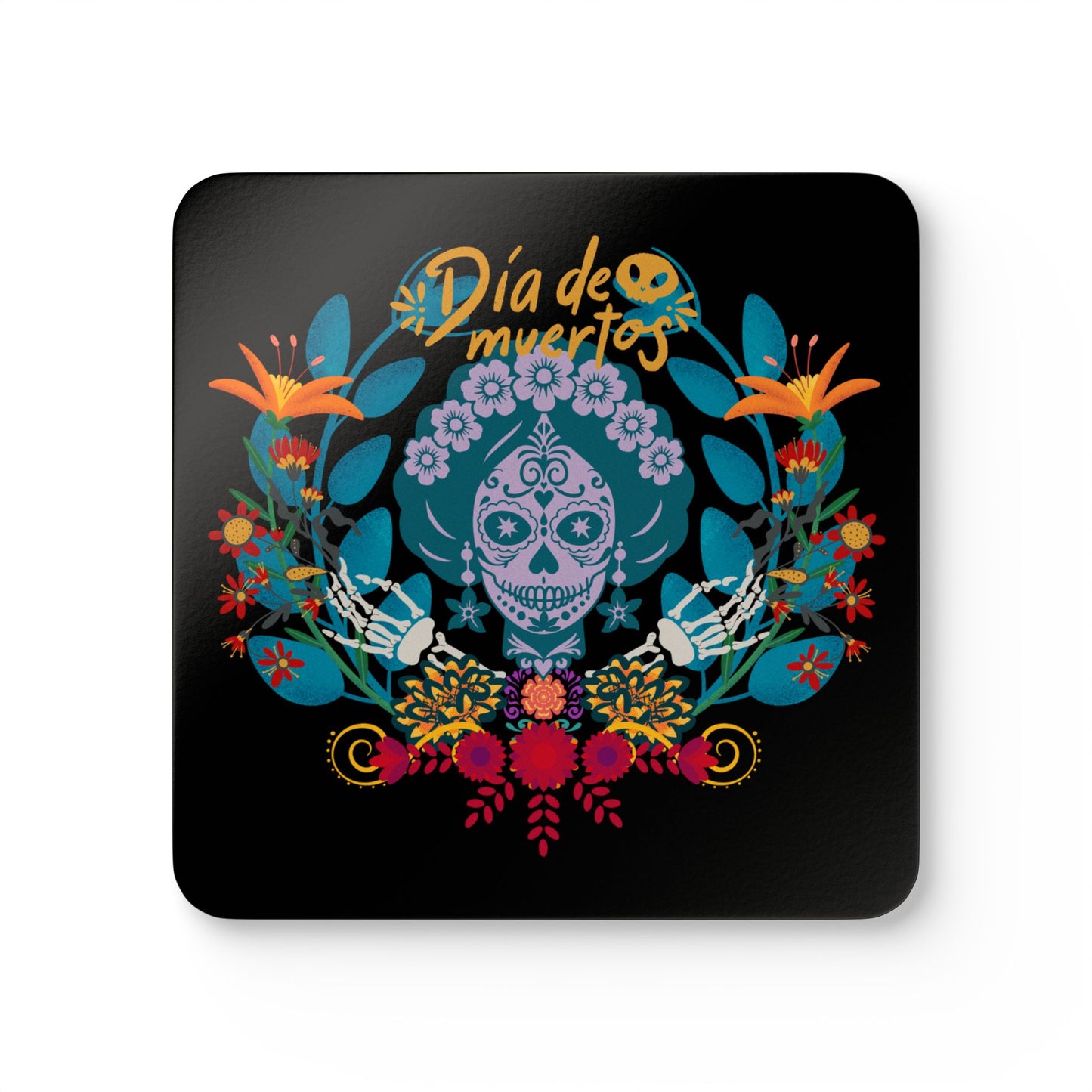 Vibrant Dia de Muertos - black Coaster Set | Colorful Corkwood Drink Coasters | Perfect for Celebrations, Gifts, Party Decor, Home Decor