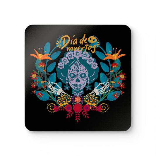 Vibrant Dia de Muertos - black Coaster Set | Colorful Corkwood Drink Coasters | Perfect for Celebrations, Gifts, Party Decor, Home Decor