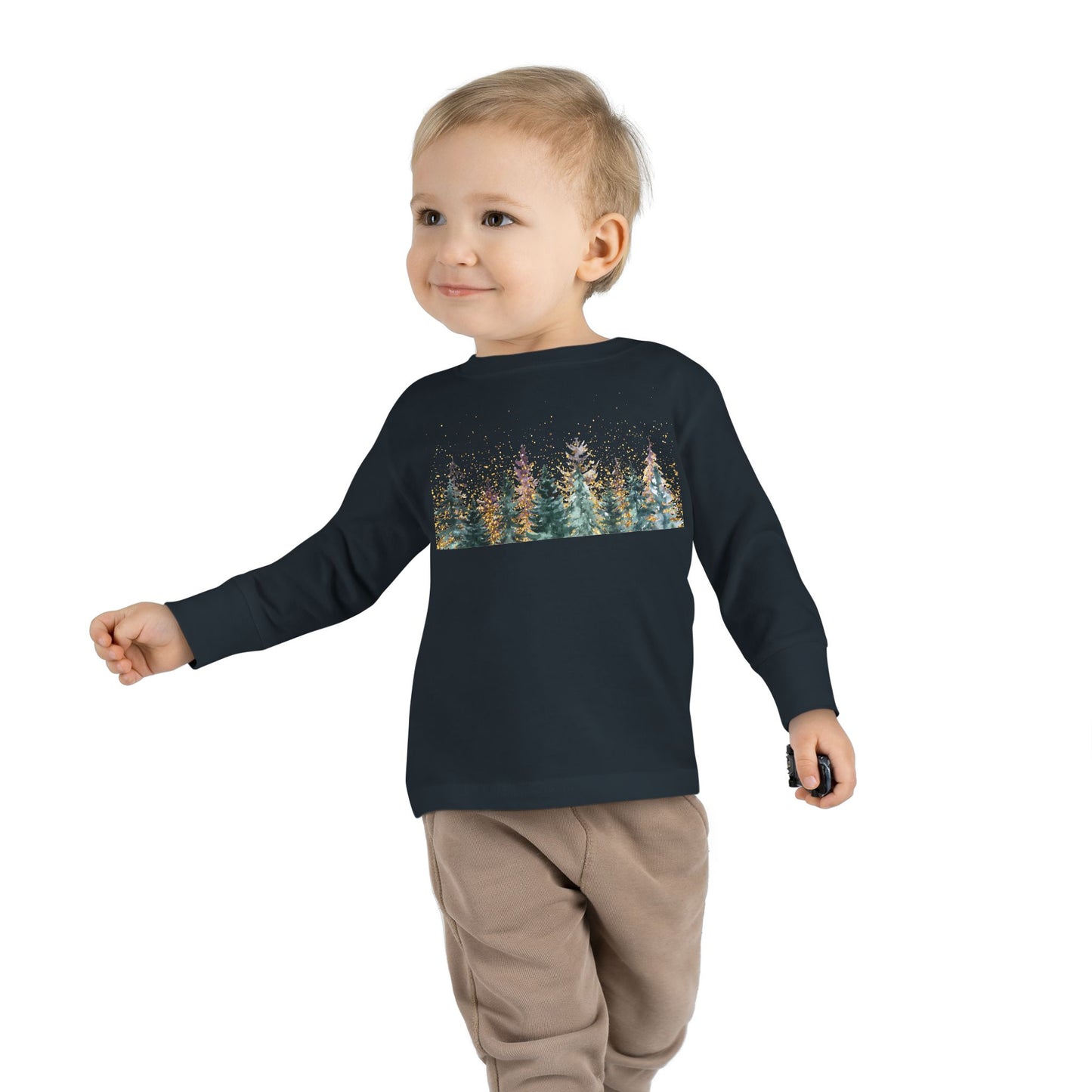 Toddler Long Sleeve Tee — Watercolor Pine Forest Kids Shirt (Woodland Nature Design)