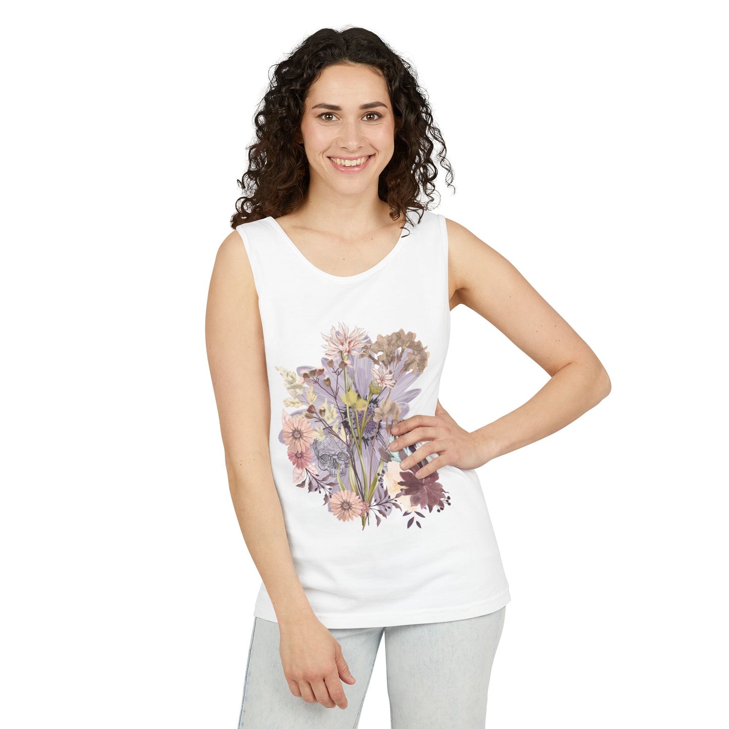 Floral Unisex Garment-Dyed Tank Top, Summer Casual Wear, Flower Print Shirt, Boho Top, Perfect for Festivals, Beach Days, and Warm Weather